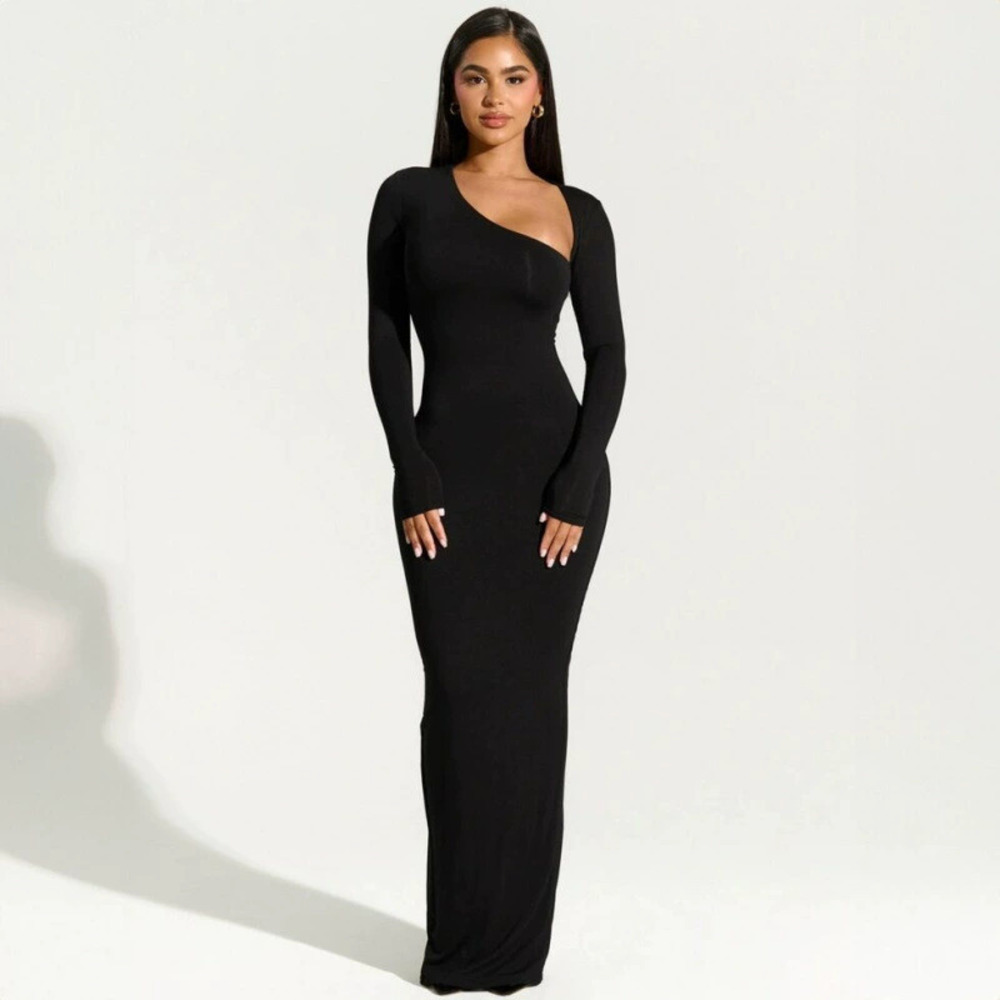 ZARA Womens Fall Long Sleeve Asymmetric Neck Bodycon Long Dress with Back Slit